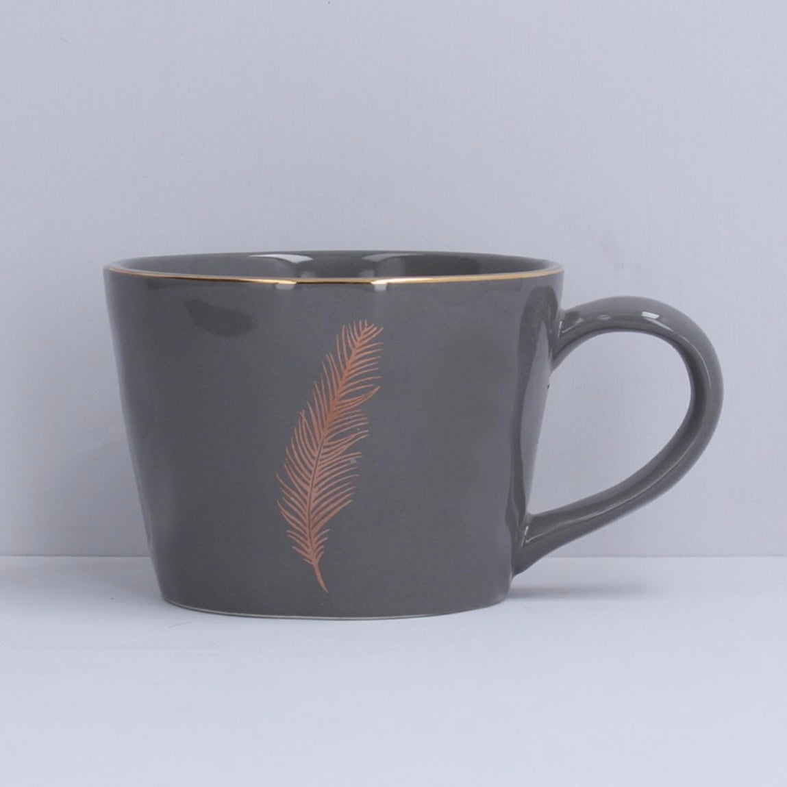 Grey Stoneware Mug With Gold Feather