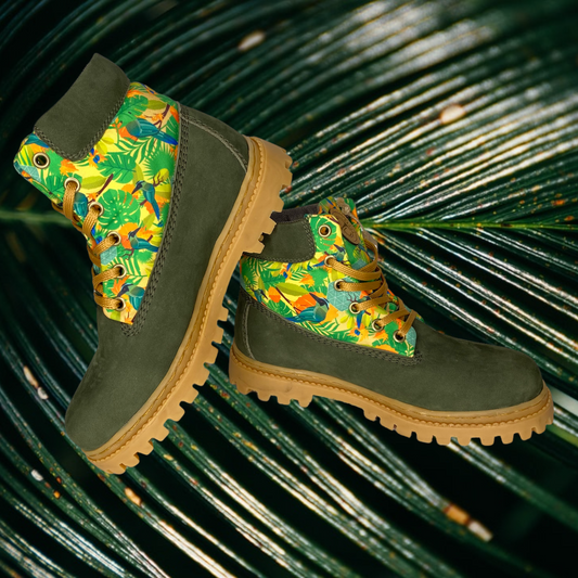Green Printed Canvas/Suede Boots