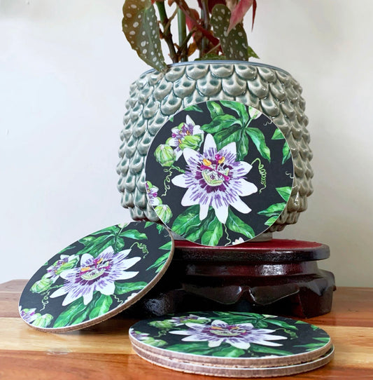 Charcoal Passion Flowers Coaster