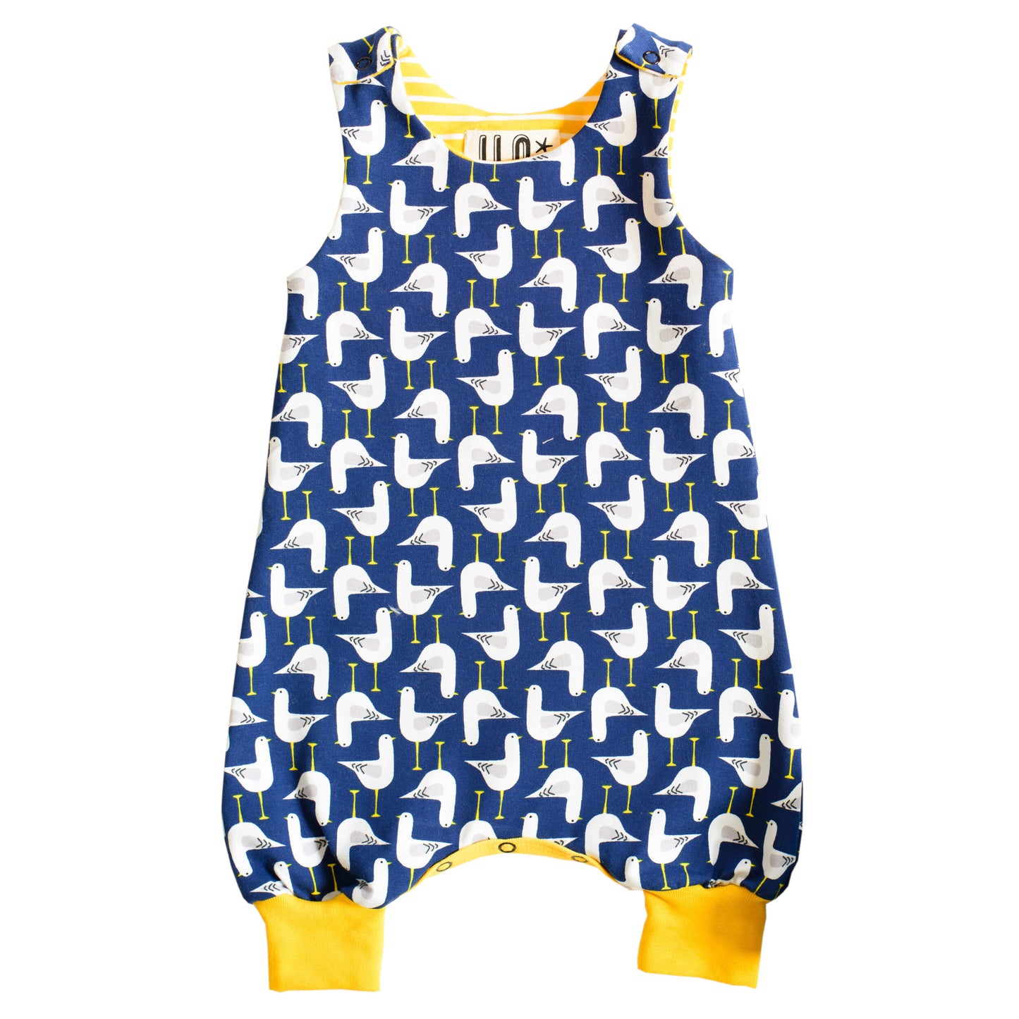 repeat print seagull romper in blue with yellow trim