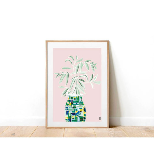 Vase and Leaves on Pink A4 Print