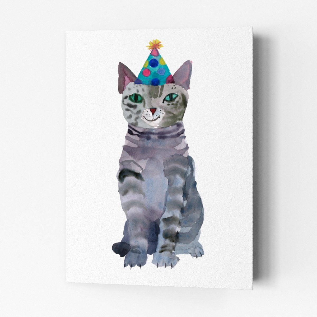 grey cat with party hat 