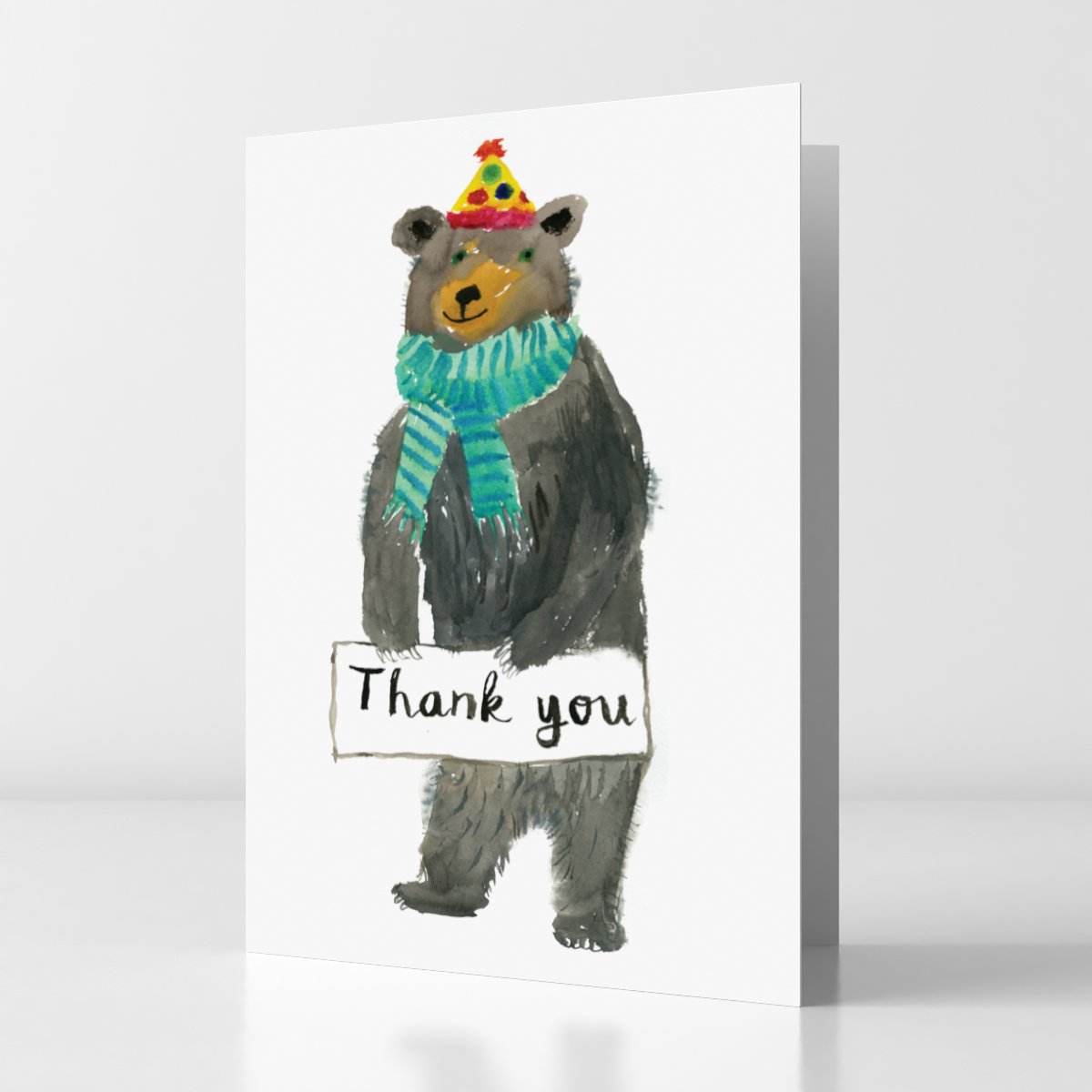 bear wearing hat, scarf and thank you sign