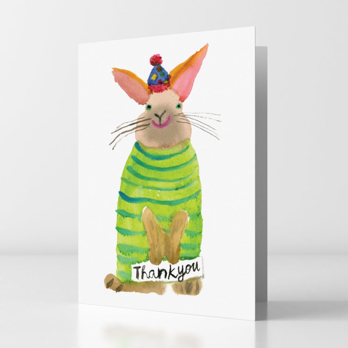 bunny in a green sweater holding thank you sign