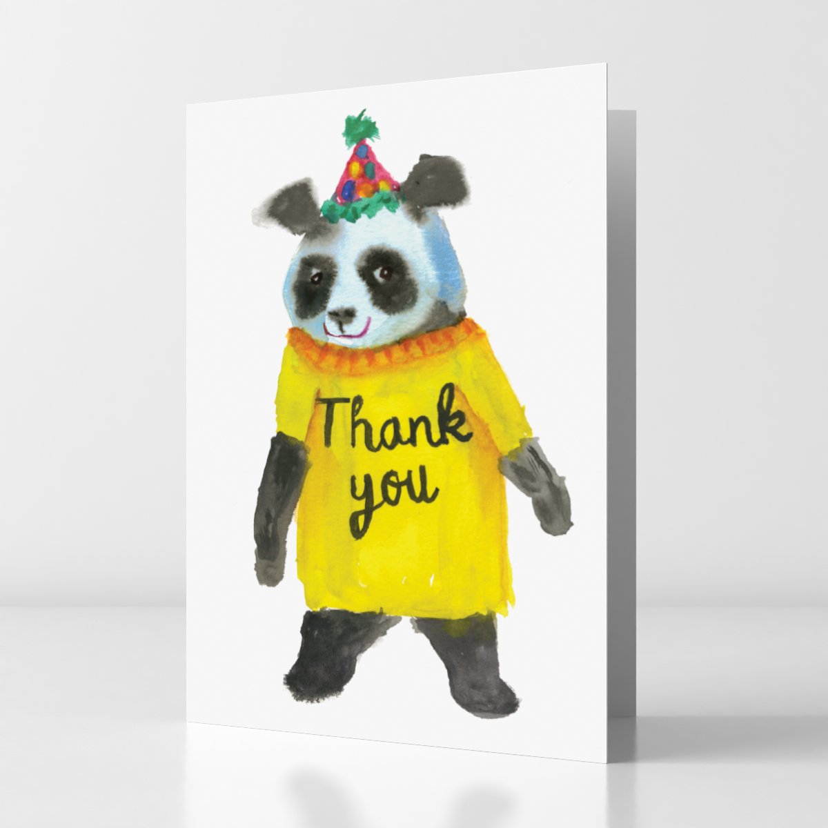 panda wearing yellow thank you sweater 