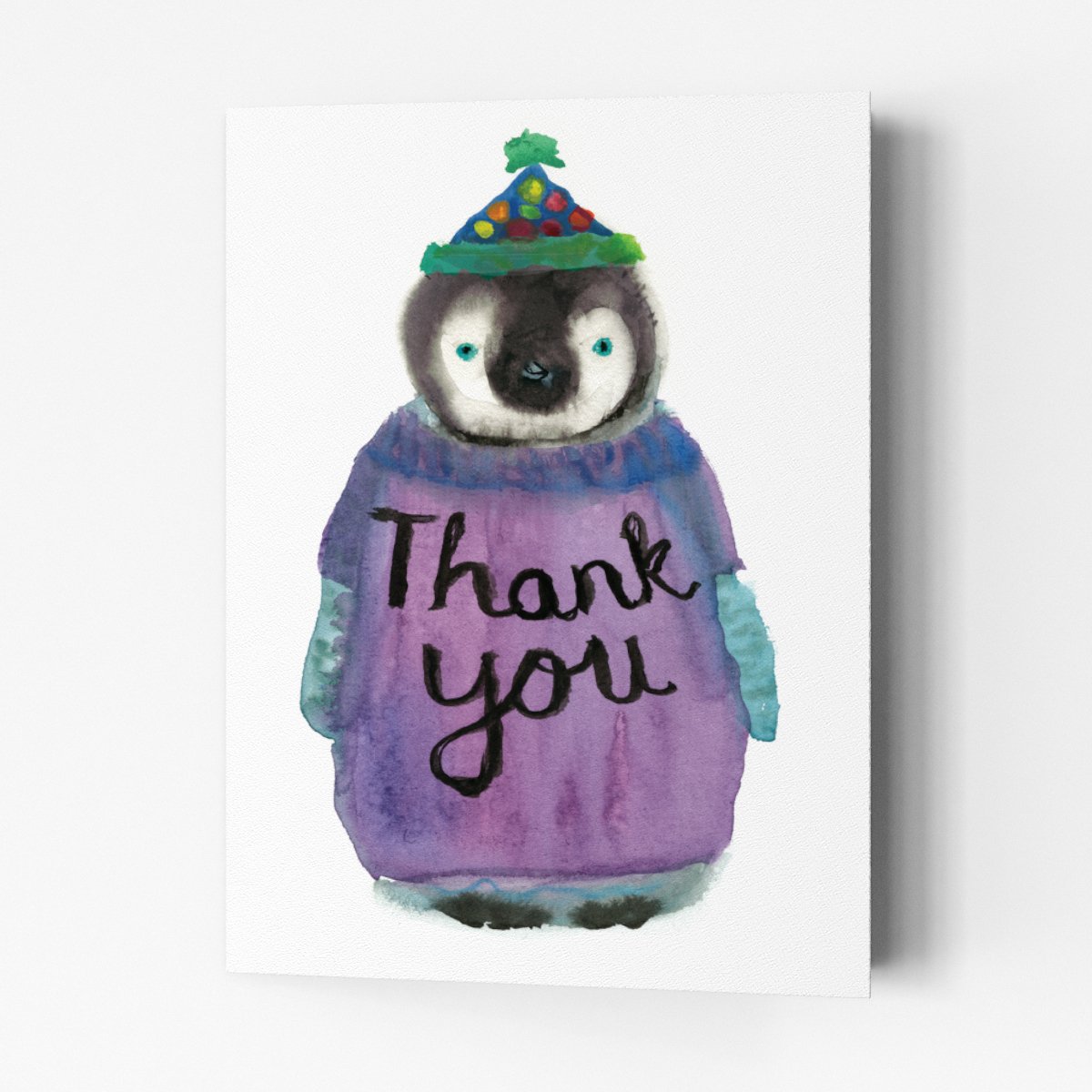 penguin in purple thank you jumper and hat 