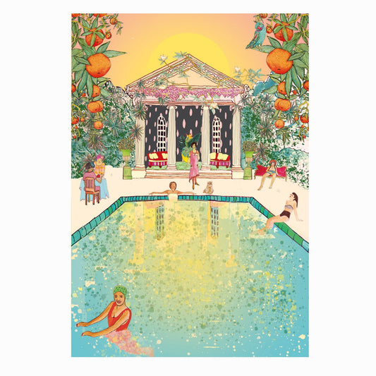 colourful print of women relaxing in sunny pool 