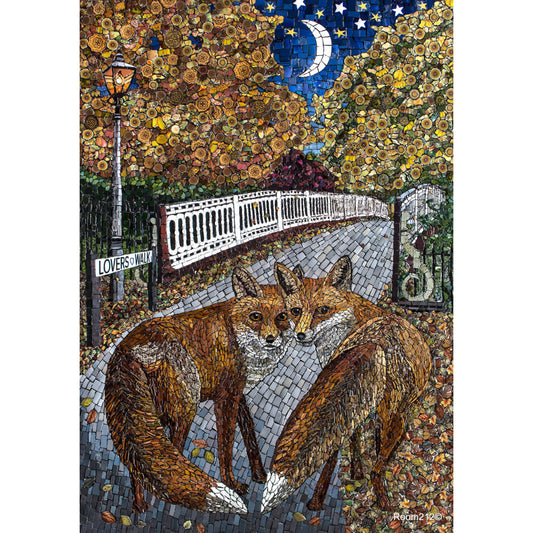 two foxes on starry night by bridge 