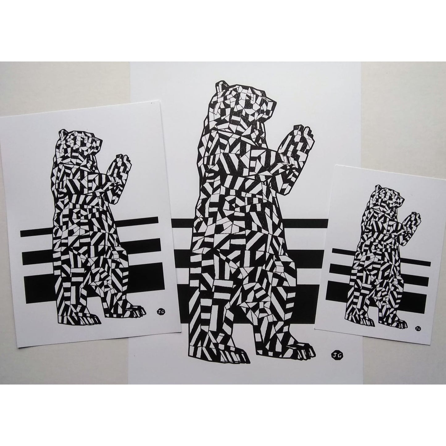 3 black and white geometric bear