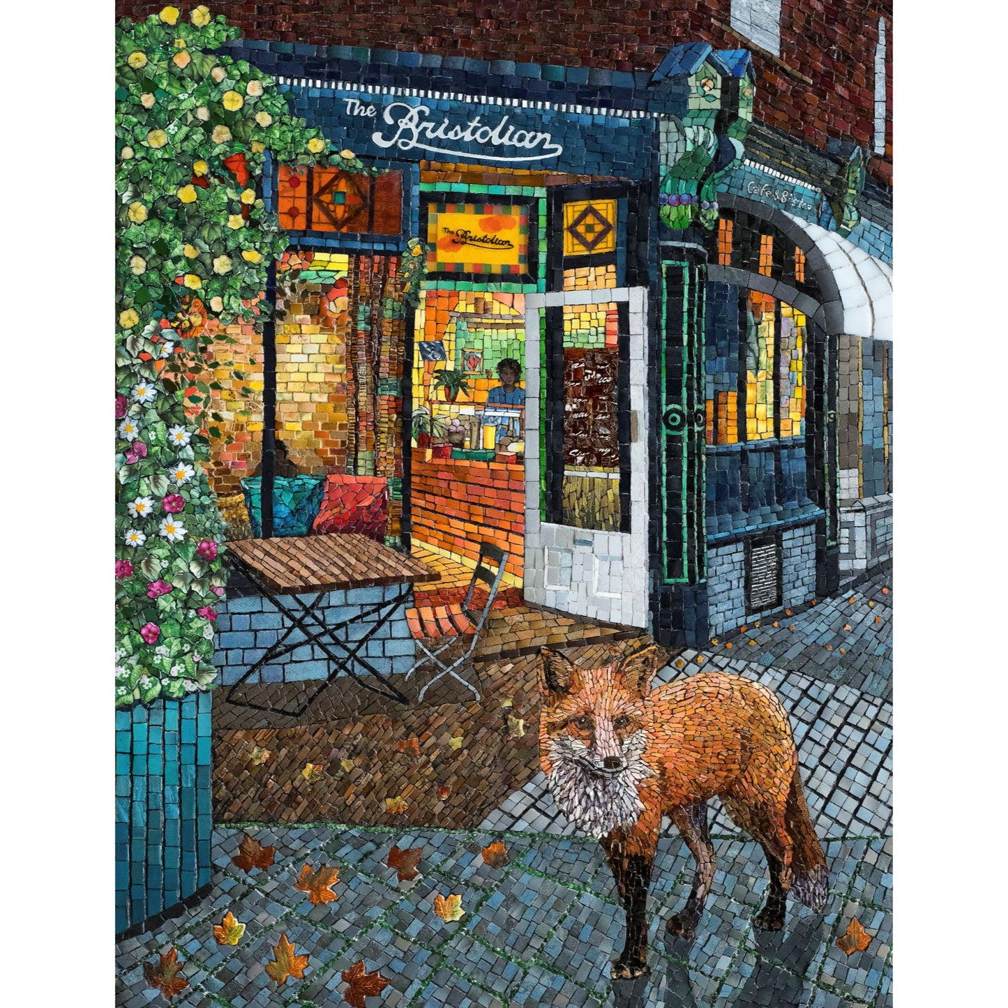 mosaic print of fox in front of cafe 