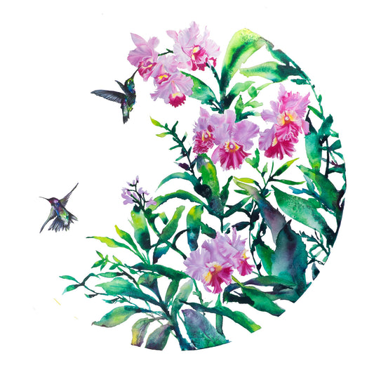 Hummingbirds and Orchids Square Print