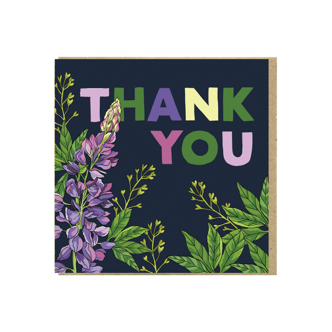 thank you card with purple and green plants