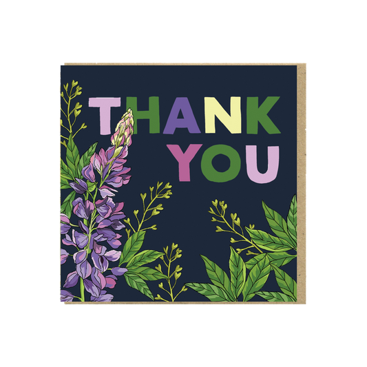 thank you card with purple and green plants